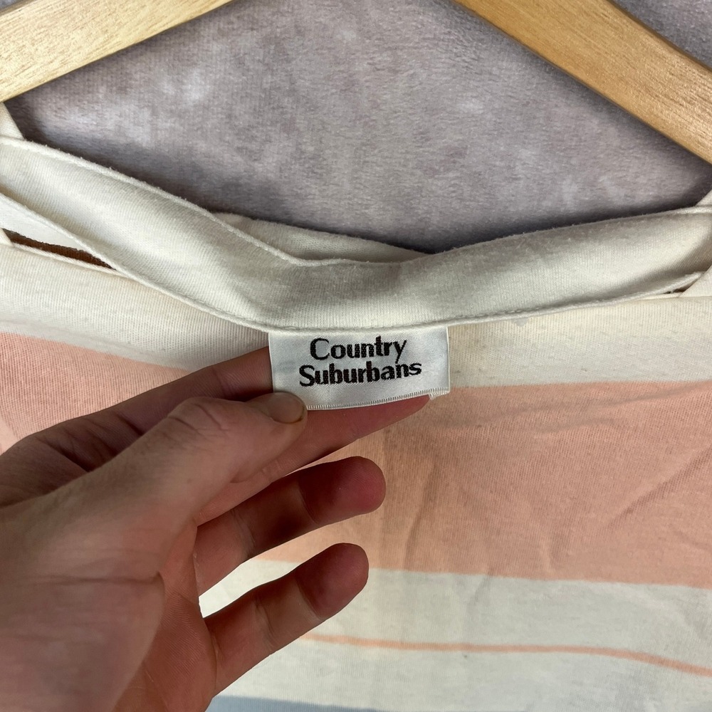 VTG 80s Country Suburbans Striped Top Pastel Colors 3/4 Sleeve Square Neck - Picture 2 of 5